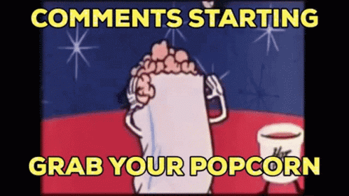 A classic, 1970's drive-in interstitial animation of a bag of popcorn with arms juggling individual kernels of popcorn while standing next to a small tub labeled "Hot Butter" that also has cartoon legs. The caption reads, "Comments starting - Grab your popcorn."