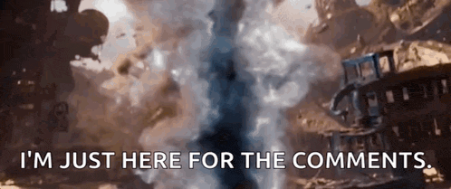 A rift in space opens up and a large purple man with a ridged chin -- Thanos as depicted in the Marvel Cinematic Universe -- steps through, with the text, "I'm just here for the comments."