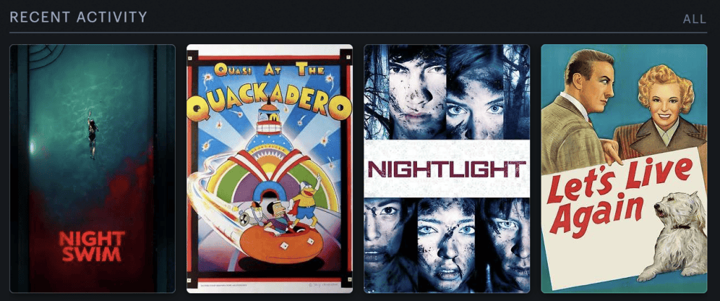 Screenshot of my Letterboxd account's "Recent Activity" feed, showing movie posters for my most recently-watched four movies. From left to right, they are "Night Swim," "Quasi at the Quackadero," "Nightlight," and "Let's Live Again."