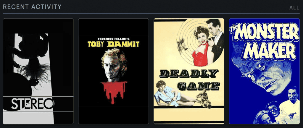 A screenshot of The Film Optimist's "Recent Activity" field on Letterboxd. It shows posters for "Stereo (Tile 3B of a CAEE Educational Mosaic)" (1969), "Toby Dammit" (1968), "The Deadly Game" (1954), and "The Monster Maker" (1944).