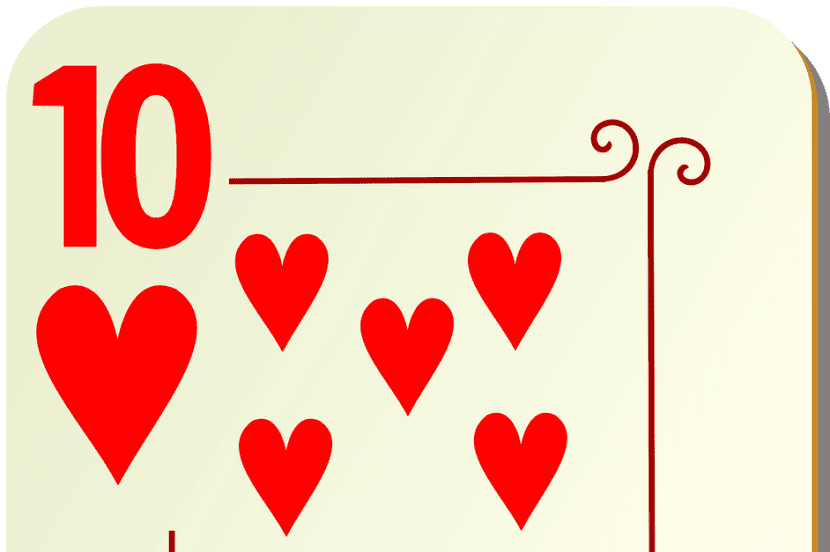 The top half of a playing card -- the ten of hearts -- with five hearts shown next to the value and suit.