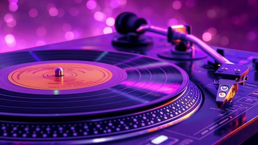 Close-up of a turntable with a record on it. The light from the background is purple, casting purple highlights across the black vinyl.