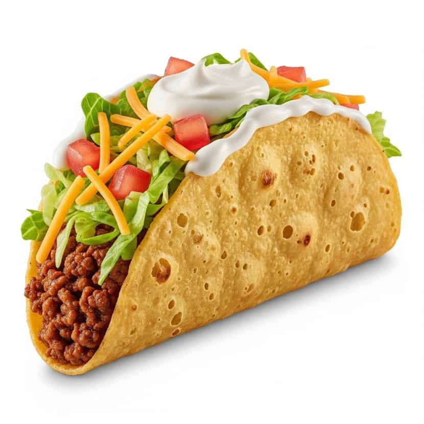 An ideal taco against a white background. A crisp yellow shell, fluffy ground beef, green lettuce, red tomatoes, and shreds of orange cheese with sour cream on the top.